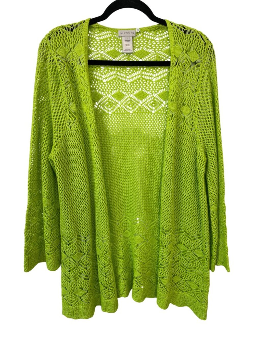 Multiples Cardigan Sweater Large Open Front Long Sleeve Open Weave Green Staple